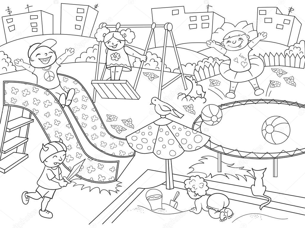 Childrens playground coloring. Vector illustration of black and white