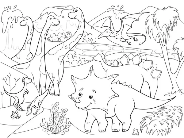 Kolorowanie kreskówka dla dzieci dinozaury w przyrodzie. Czarno-biały ilustracja wektorowa — Wektor stockowy