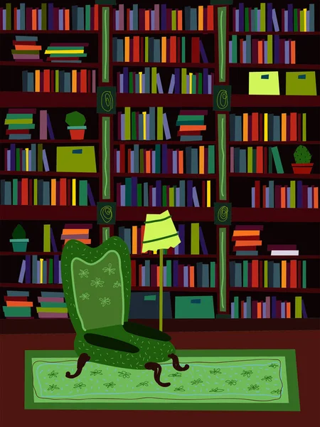 Γελοιογραφία επίπεδη εσωτερική Βιβλιοθήκη δωμάτιο ή γραφείο ψυχολόγου εικονογράφηση φορέα — Διανυσματικό Αρχείο