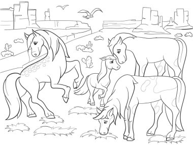 Çocuk çizgi film atlar çayır vektör üzerinde otlatma boyama