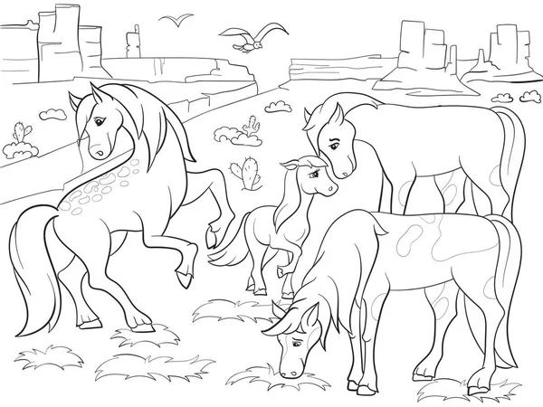 Children coloring cartoon horses grazing on meadow vector — Stock Vector