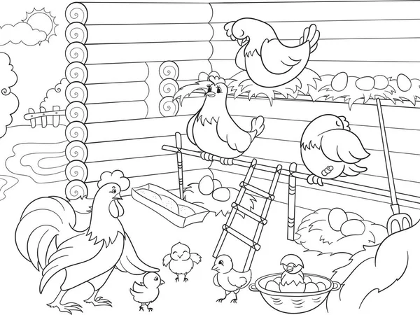 Innenraum und Leben der Vögel im Hühnerstall Färbung für Kinder Cartoon-Vektor-Illustration — Stockvektor