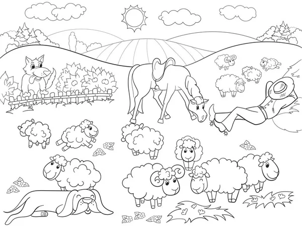 Oveja de pasto con un pastor y perro para colorear para niños ilustración vectorial de dibujos animados — Vector de stock