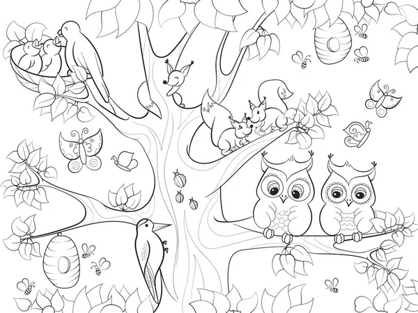 Animales y aves que viven en la coloración del árbol para niños ilustración vectorial de dibujos animados — Archivo Imágenes Vectoriales