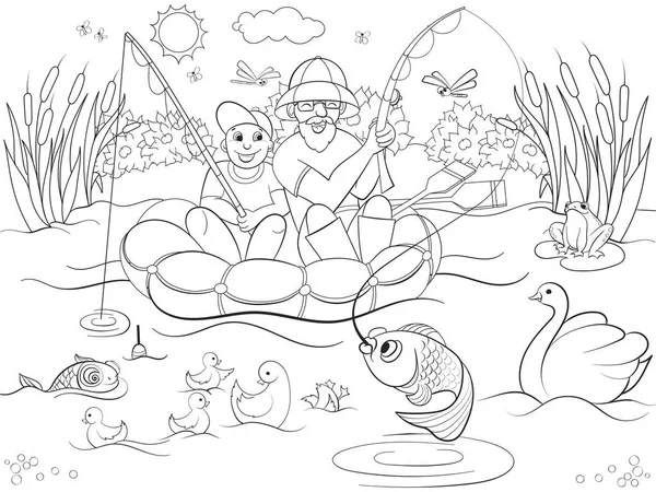 Pesca padre e figlio sul fiume colorazione per bambini cartone animato vettoriale illustrazione — Vettoriale Stock