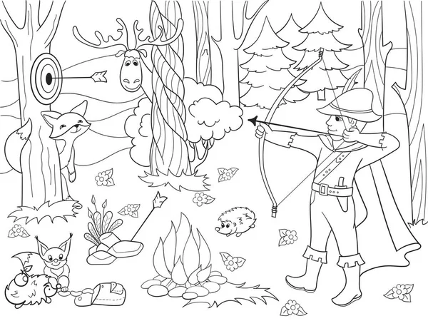 Enfants colorier flèche vectorielle dans la forêt avec des animaux — Image vectorielle