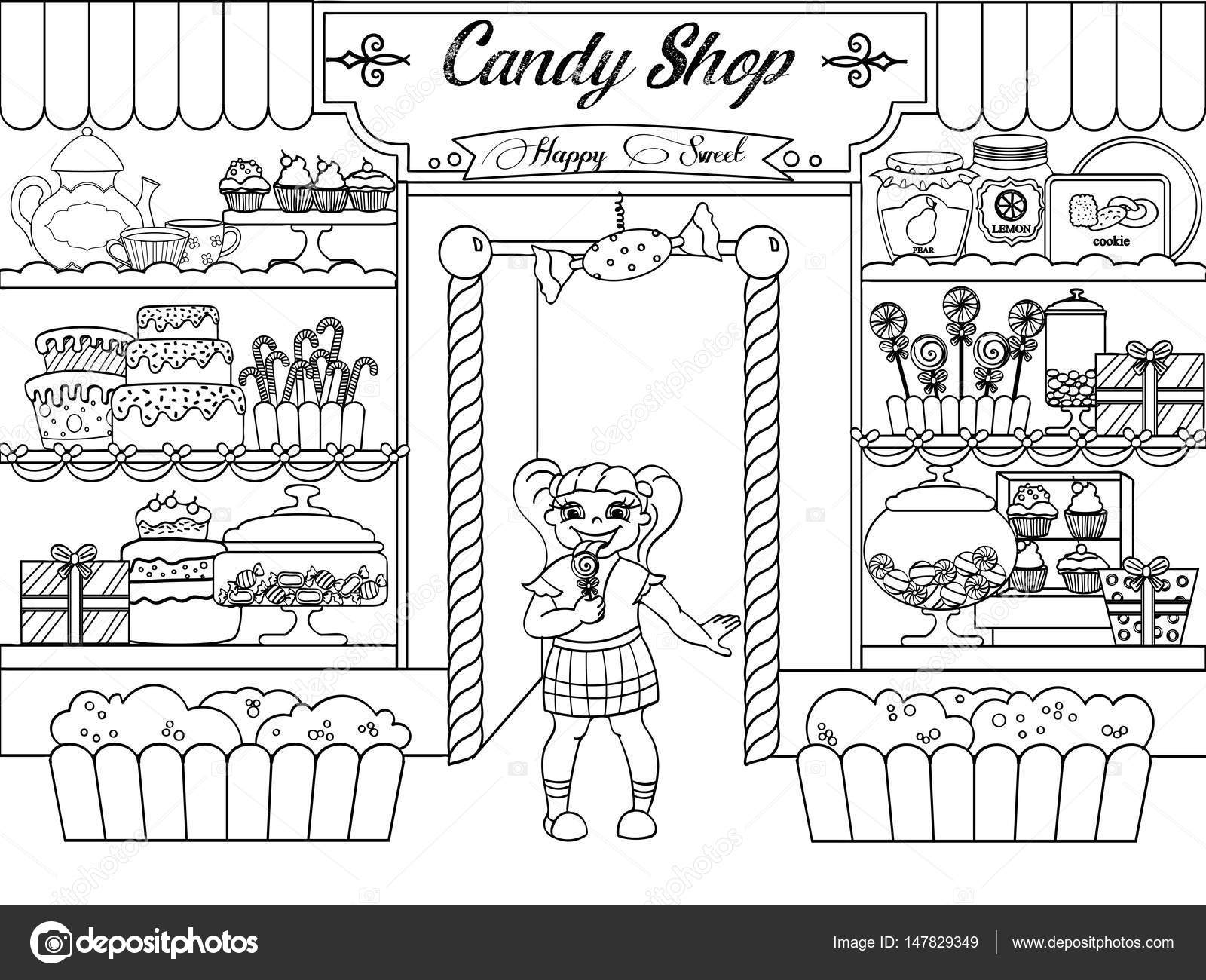 Kids Kleurplaten Vector Meisje In Candy Shop Stockvector