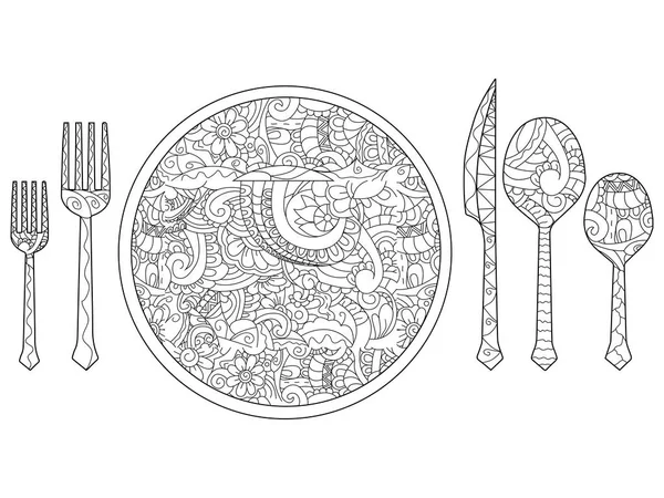 Ilustração vetorial de placa, faca, colher e garfo. Conjunto de talheres . —  Vetores de Stock