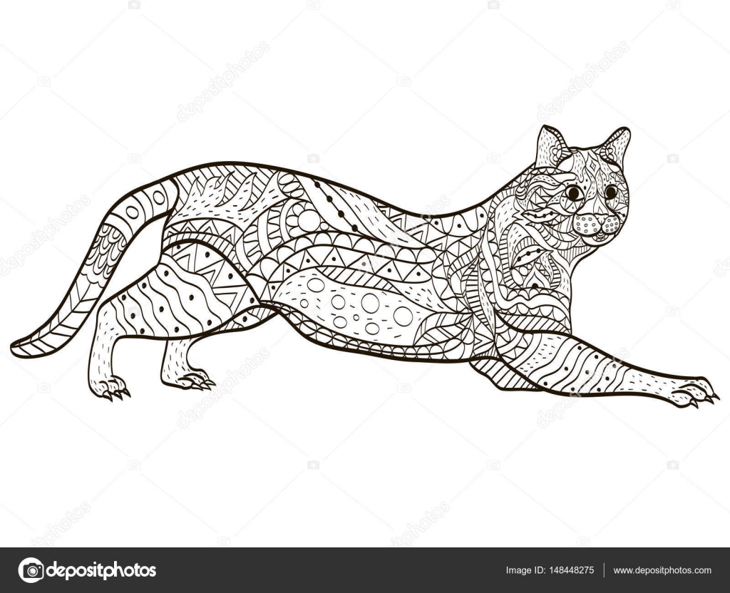 Gatto animale libro da colorare per adulti illustrazione di vettore Antistress da colorare per adulti Zentangle stile Righe in bianco e nero