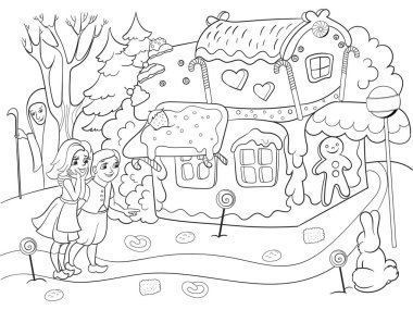 Childlike coloring vector story scene with pair of children eating some sweets near colorful cottage in deep forest vector