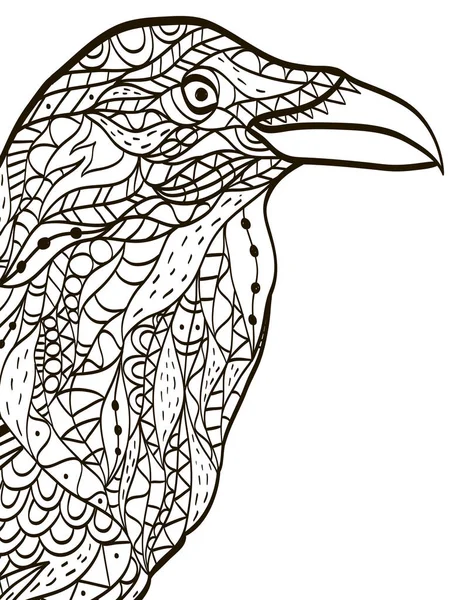 Cabeza de pájaro cuervo para colorear libro para adultos vector — Archivo Imágenes Vectoriales