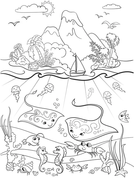 Mundo submarino con peces, plantas, isla y caravana para colorear para niños ilustración vectorial de dibujos animados — Vector de stock