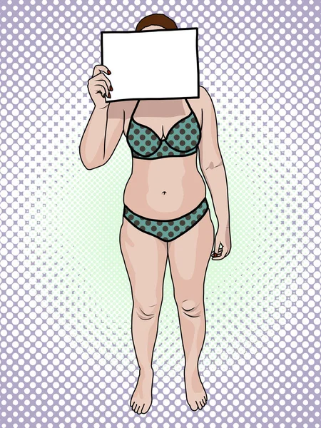 Una mujer gorda en traje de baño sostiene un signo de arte pop estilo retro. Vista frontal . — Vector de stock