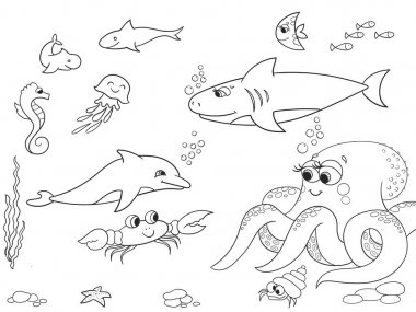 Deniz hayvanları nesne ile deniz yatağı. Vektör çocuklar için boyama, çizgi film.