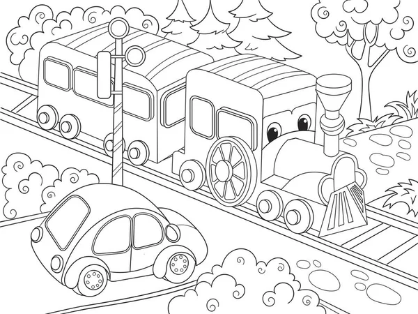Cartoon trein trein en auto kleurplaten boek voor kinderen cartoon vectorillustratie — Stockvector