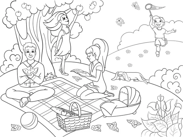 Picnic en la naturaleza para colorear libro para niños ilustración vectorial de dibujos animados — Vector de stock