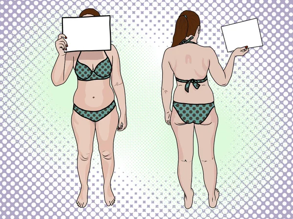 Eine dicke Frau im Badeanzug hält ein Schild im Pop-Art-Retro-Stil in der Hand. Vorder- und Rückseite — Stockvektor