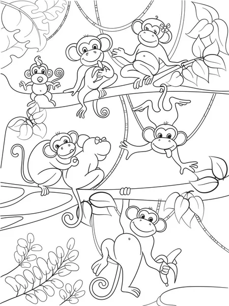 Rodina z opice na stromě omalovánky pro děti kreslené vektorové ilustrace — Stockový vektor