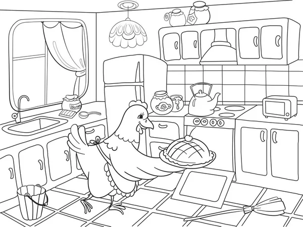 Mama Huhn in der Küche bereitet Essen für das Familien-Malbuch für Kinder Cartoon Vektor Illustration — Stockvektor