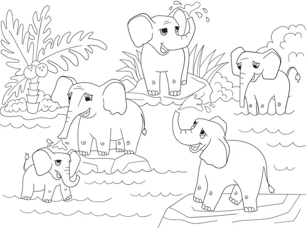 Familia de elefantes africanos para colorear libro para niños ilustración vectorial de dibujos animados — Vector de stock