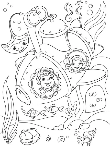 Objevování podmořského světa v ponorce barevné stránky pro děti děti kreslené vektorové ilustrace — Stockový vektor
