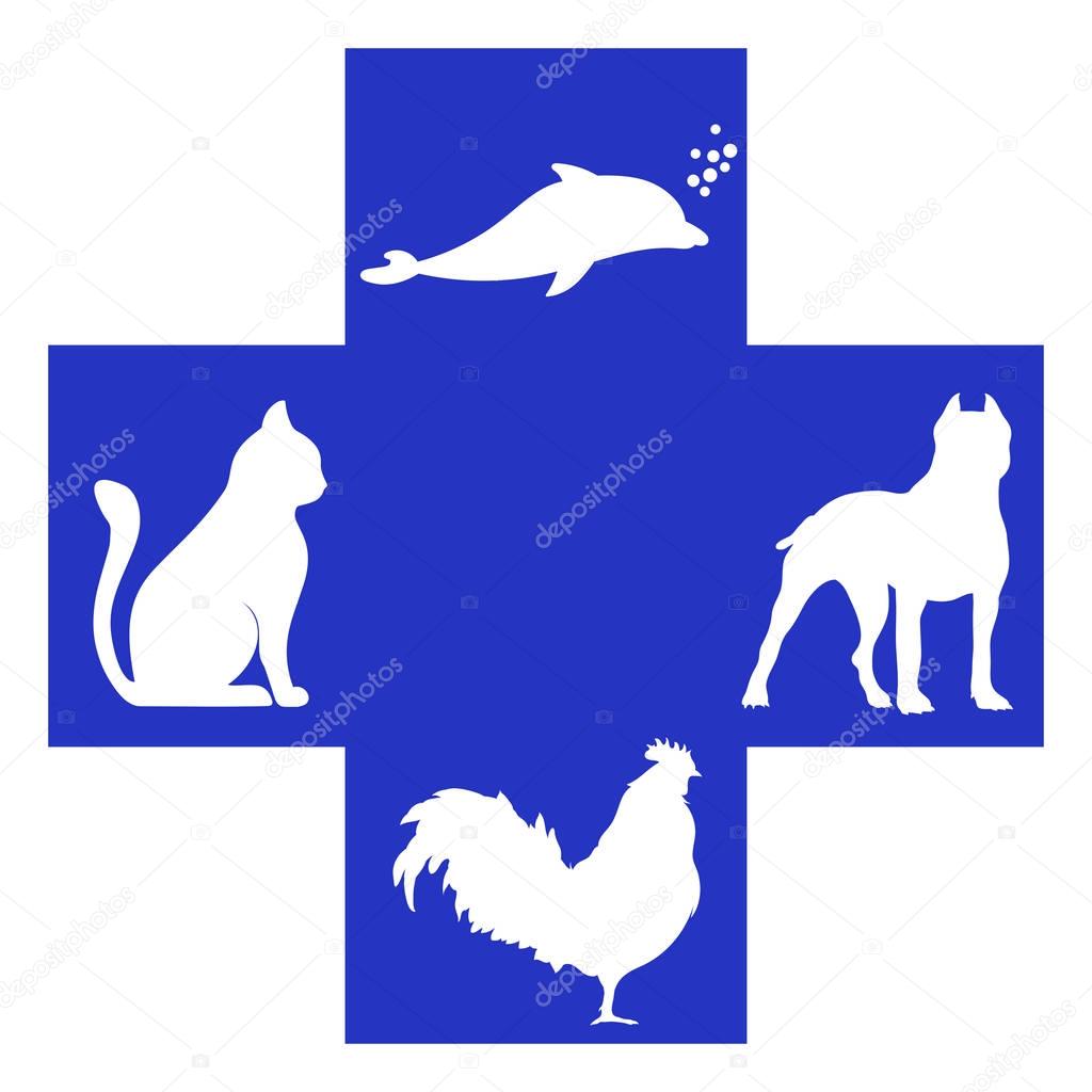 Veterinary cross with dog, dolphin, rooster and cat inside. Logo klinik