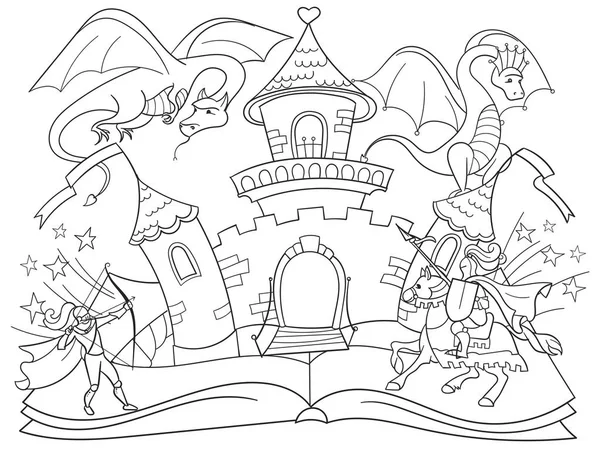 Desenho de conto de fadas aberto de colorir crianças conceito ilustração com dragão do mal, guerreiro corajoso e castelo mágico . — Vetor de Stock