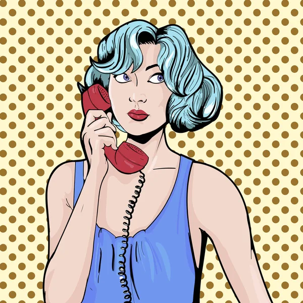 Nő a telefon pop-art retro vektoros illusztráció. Képregény — Stock Vector