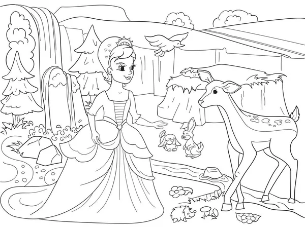 Blancanieves en el bosque con animales. Cuento, dibujos animados, libro para colorear líneas negras sobre un fondo en blanco — Vector de stock