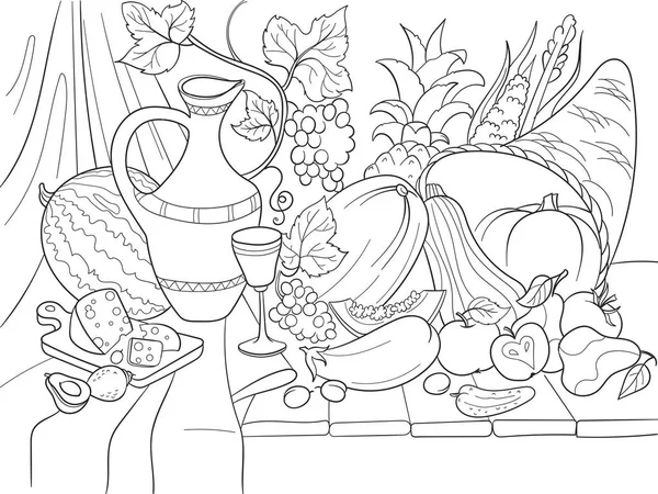 Ilustração vetorial de estilo de colheita de vegetais e frutas. Dia de Ação de Graças ainda vida. Imitação de gravura antiga . — Vetor de Stock