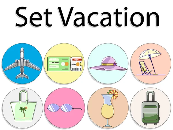 Векторный набор отпусков. Икона и логотип самолета, коктейля, билета, дорожной сумки — стоковый вектор