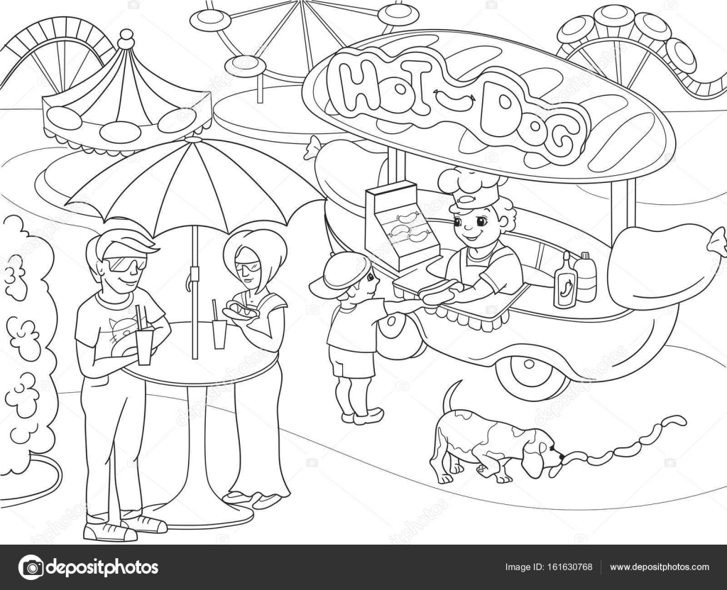 Parco di divertimenti per bambini da colorare Hot dog Illustrazione vettoriale del camion di