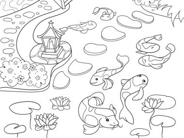 Çizgi film çocuklar için boyama kitabı Japonya doğası. Japon bahçe vektör çizim