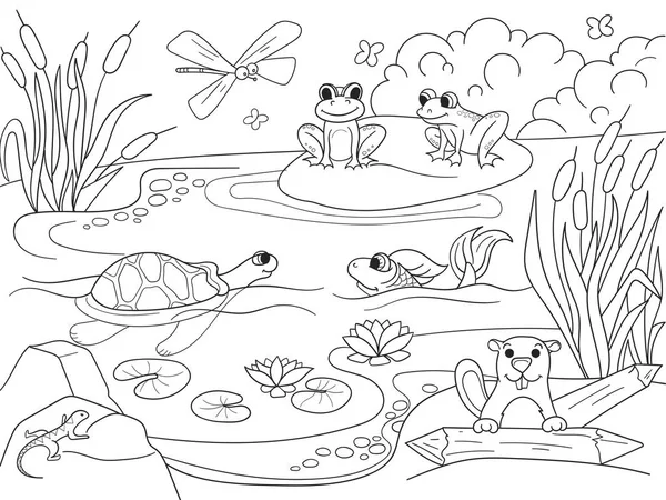 Humedal paisaje con animales vector para colorear para adultos — Archivo Imágenes Vectoriales