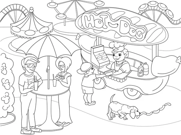 Parco divertimenti pagine da colorare per bambini. Hot dog. Illustrazione vettoriale del camion alimentare — Vettoriale Stock