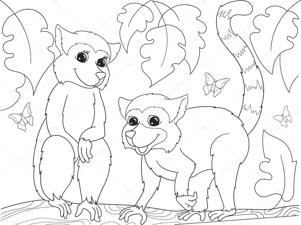 Childrens coloring book cartoon family of lemurs on nature.