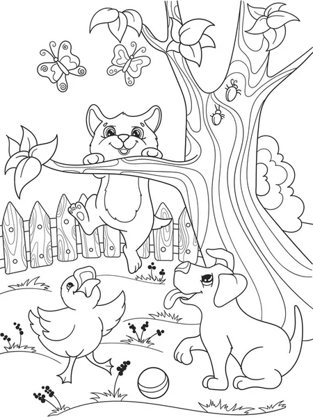 Crianças colorir desenhos animados animais amigos na natureza. Patinho, cachorrinho e gatinho. Pato, cão e gato — Vetor de Stock