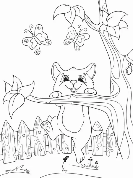 Niños para colorear dibujos animados animales amigos en la naturaleza. Gatito y gato — Archivo Imágenes Vectoriales