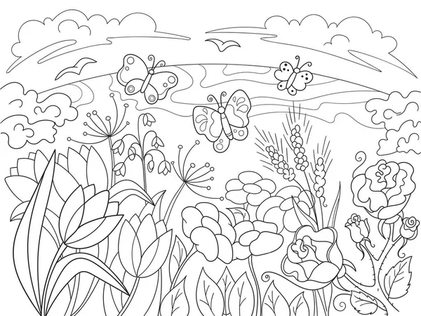 Kolorowanki dla dzieci kreskówki Glade z kwiatami w przyrodzie. — Wektor stockowy