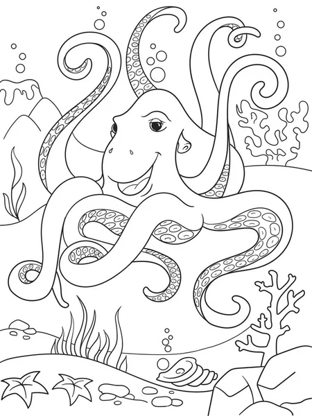 Dětské omalovánky kreslené zvířátka v přírodě. Podvodní svět, chobotnice na dně oceánu — Stockový vektor