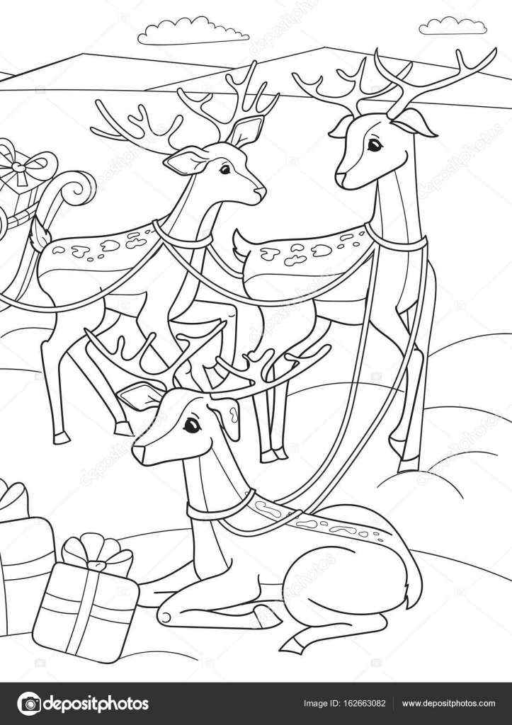 Per bambini da colorare cartoni animati amici animali in natura Babbo Natale al Polo Nord accanto a slitte e cervo magico Anti stress per adulto