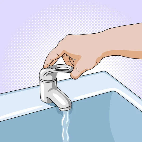 Grifo de muebles de cerámica. La mano femenina abre el agua en el fregadero estilo retro arte pop — Vector de stock