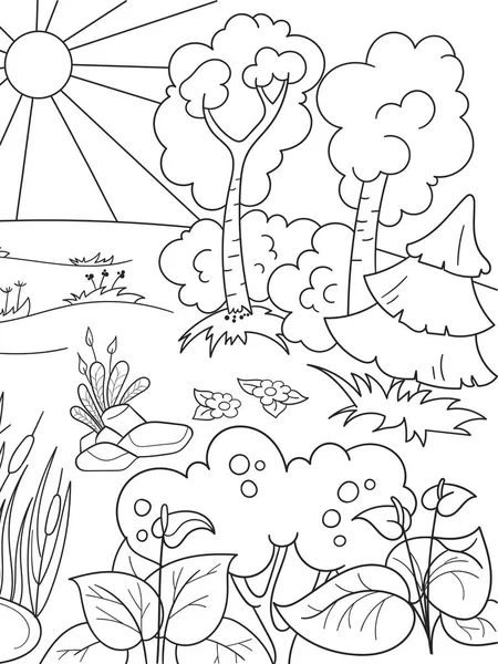 Desenhos animados para colorir livro preto e branco Natureza. Glade na floresta com plantas . —  Vetores de Stock