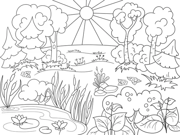 Cartoon coloring book black and white Nature. Glade in the forest with plants. — Stock Vector