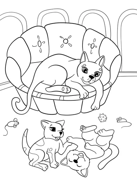 Dětské omalovánky knihy kreslené rodiny na přírodu. Máma kočka a koťata děti — Stockový vektor