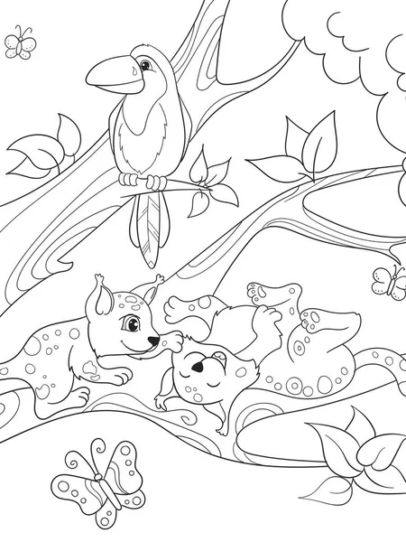 Παιδικά χρωματισμός βιβλίο κινούμενα σχέδια οικογένεια των λεοπαρδάλεις στη φύση. — Διανυσματικό Αρχείο
