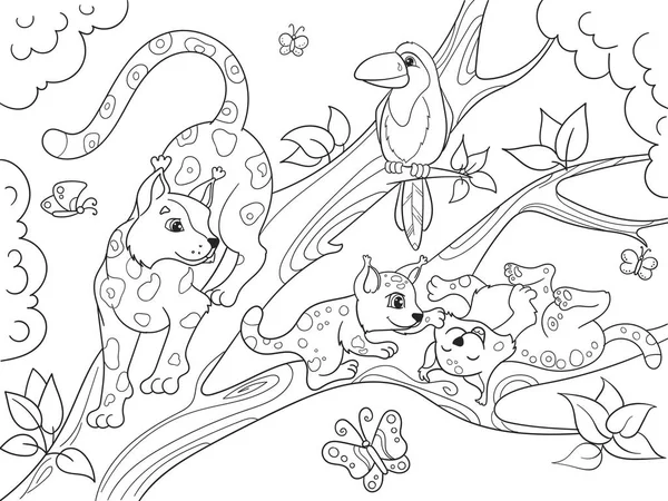 Childrens boek cartoon familie van luipaarden op natuur kleurplaten. — Stockvector
