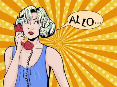 Pop sanat vintage komik. Telefonda konuşurken kız. Retro tarzı. Kabarcık metin için. Teknoloji ve iletişim
