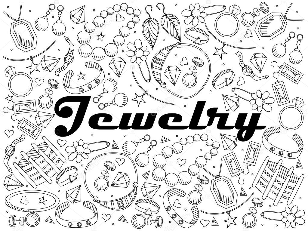 Jewelry coloring book line art design raster illustration. Separate objects. Hand drawn doodle design elements.