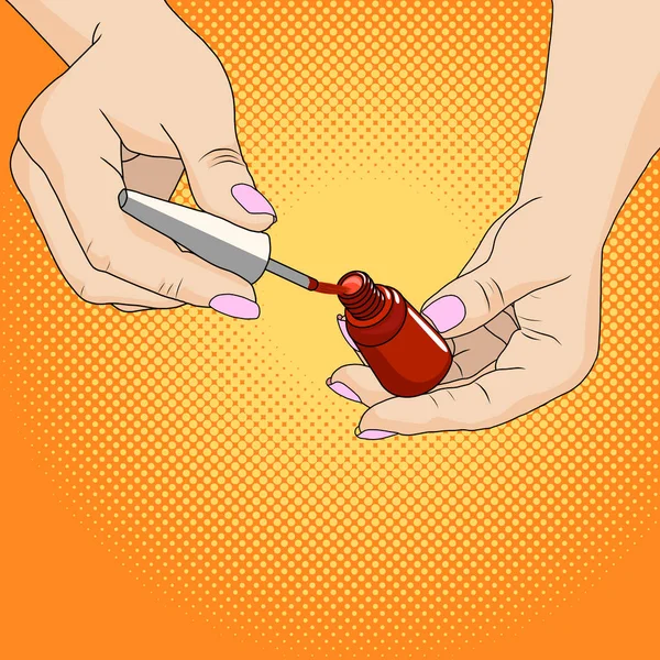 Manos de una mujer con manicura de color rojo oscuro y botella de esmalte de uñas — Foto de Stock